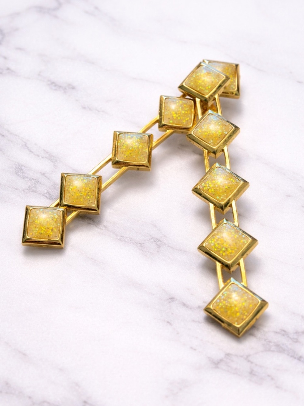 BEVERLY HAMBURG | Art Deco Gold-Tone Square Earrings Iridescent Yellow Acrylic